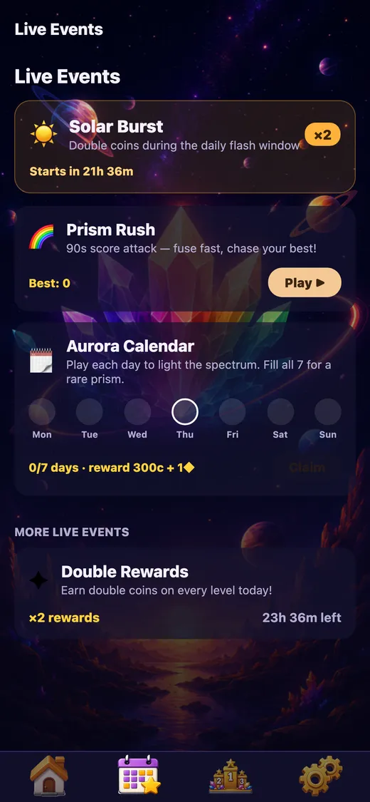 The live events screen, listing Solar Burst, Prism Rush and the Aurora Calendar