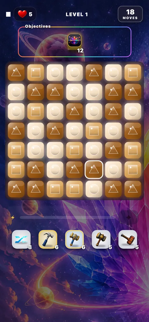 SpectrumBurst gameplay: a seven-by-seven board of crystals with an objective and a move counter
